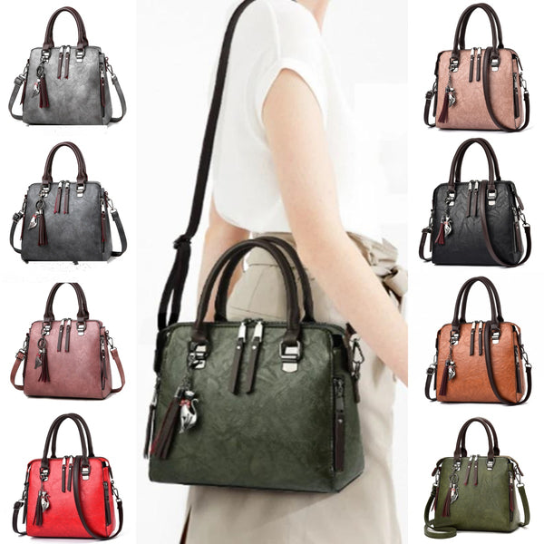 Vintage PU Leather Tassel Top-Handle Tote Bag for Women, shown in a clear product image