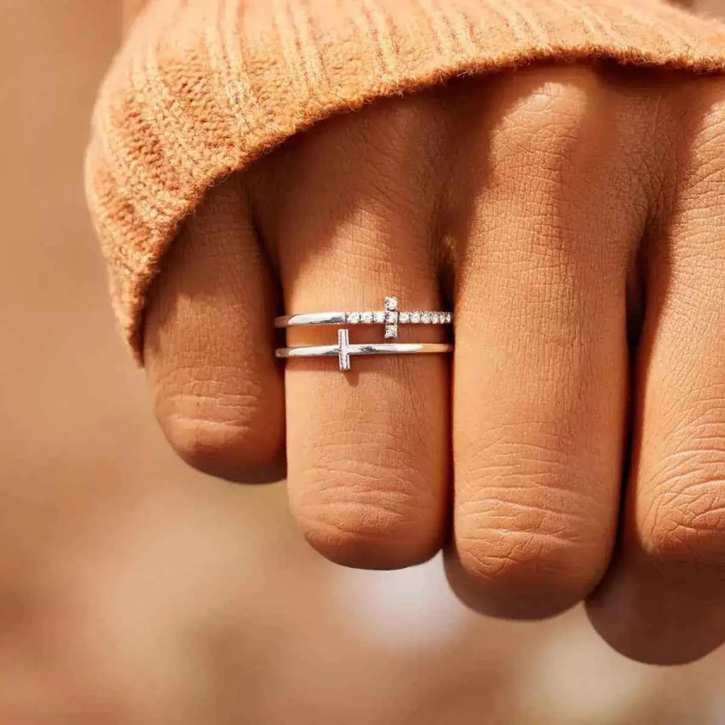 Double band zircon cross ring in silver-plated alloy — additional view 6