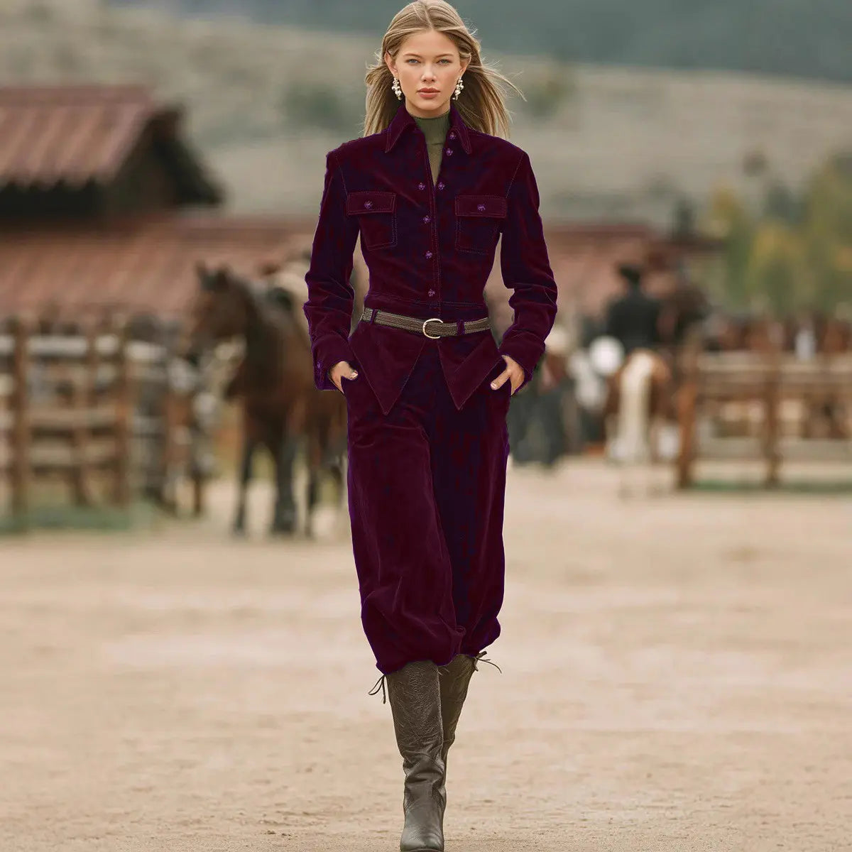 Wine red women's corduroy belted jacket and pants set