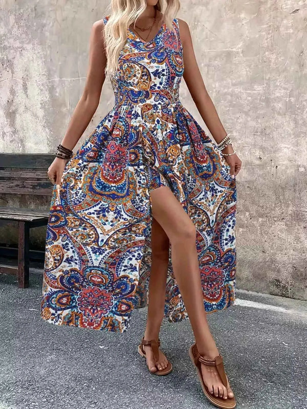 Zipper Closure Paisley Romper Sleeveless-Romper-Splashis-Splashis