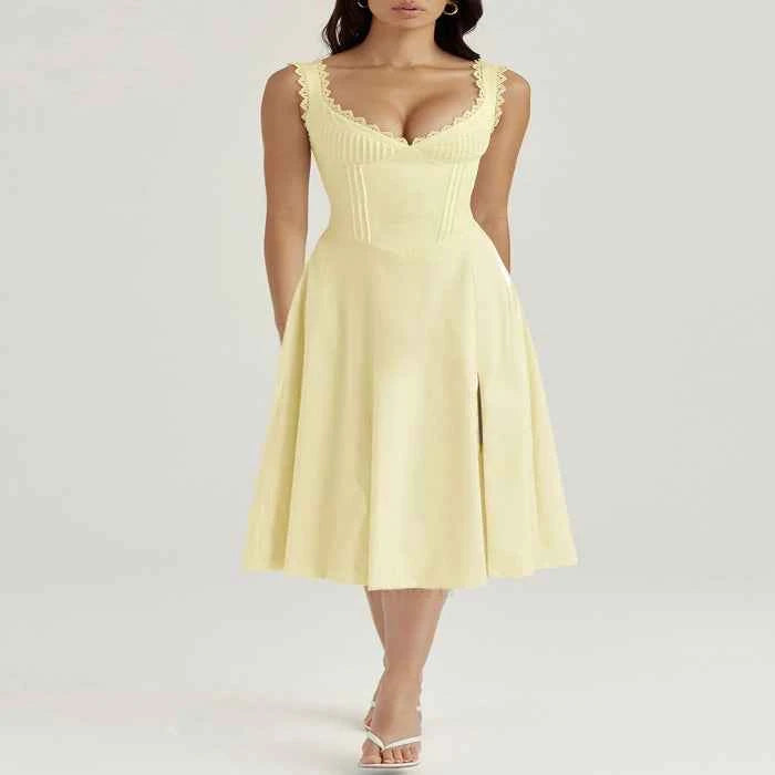 Scalloped V-neck midi dress with back lace-up — primary view