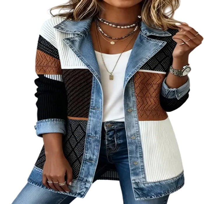 Women's multicolor patchwork jacket with blue denim-look lapels and turned-back cuffs