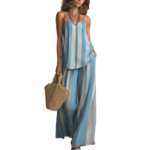 Product detail photo of Striped Strap Wide Leg Pants Set, Two Piece Set, everyday style, striped strap wide leg pants set