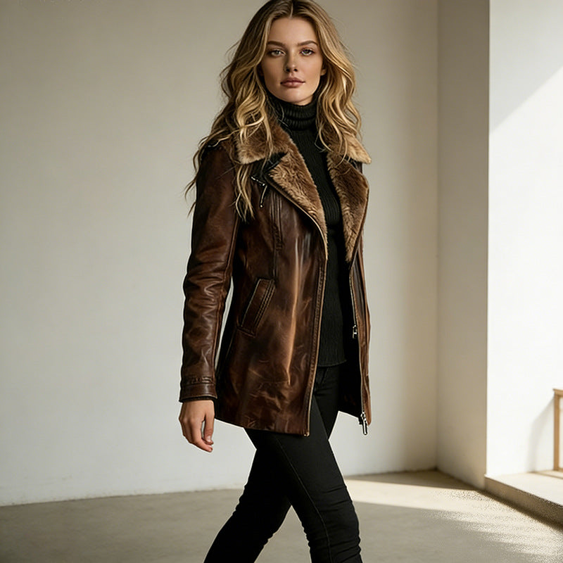 Faux leather jacket with faux fur collar for women, image 3