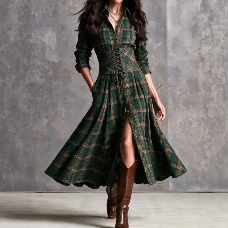 Green plaid A-line long dress with waist tie