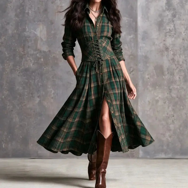 Green plaid A-line long dress with waist tie