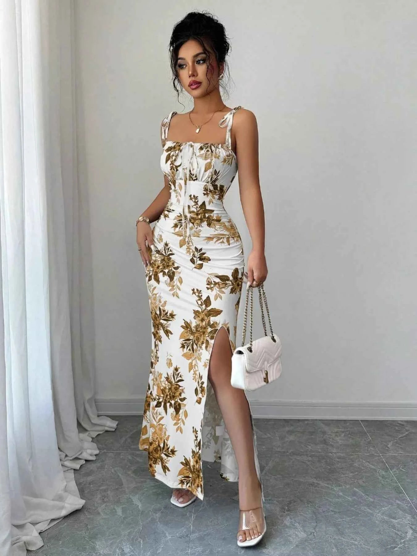 Printed Tie Strap Slit Maxi Dress-Maxi Dress.-Splashis-Color:Caramel-Size:XL-Splashis