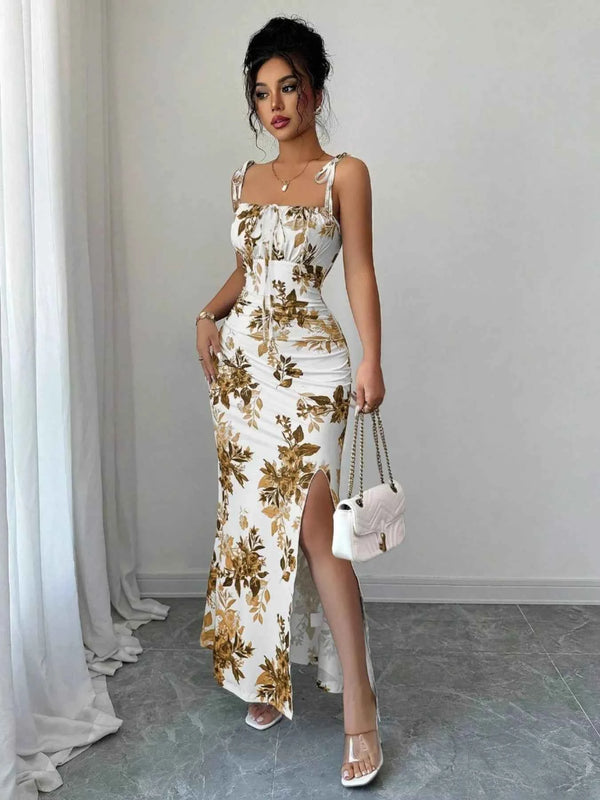 Printed Tie Strap Slit Maxi Dress-Maxi Dress.-Splashis-Color:Caramel-Size:XL-Splashis