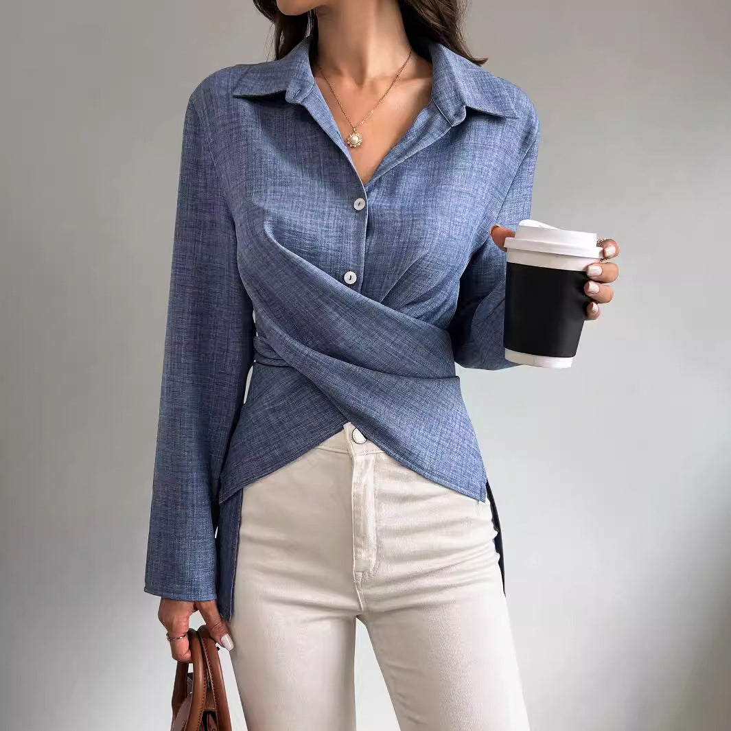 Product detail photo of Cross Tied Pleated Long Sleeve Shirt, Women’s Shirt, everyday style