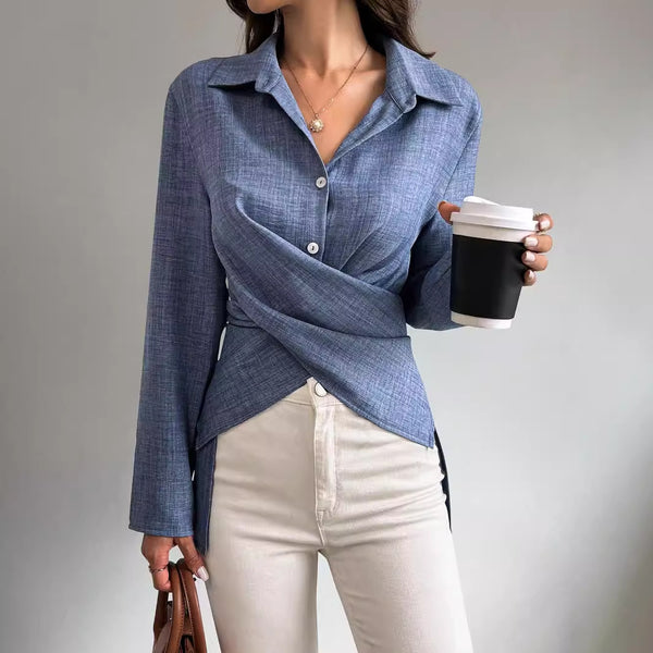 Product detail photo of Cross Tied Pleated Long Sleeve Shirt, Women’s Shirt, everyday style