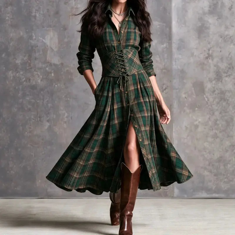 Green plaid A-line long dress with waist tie