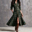 Green plaid A-line long dress with waist tie
