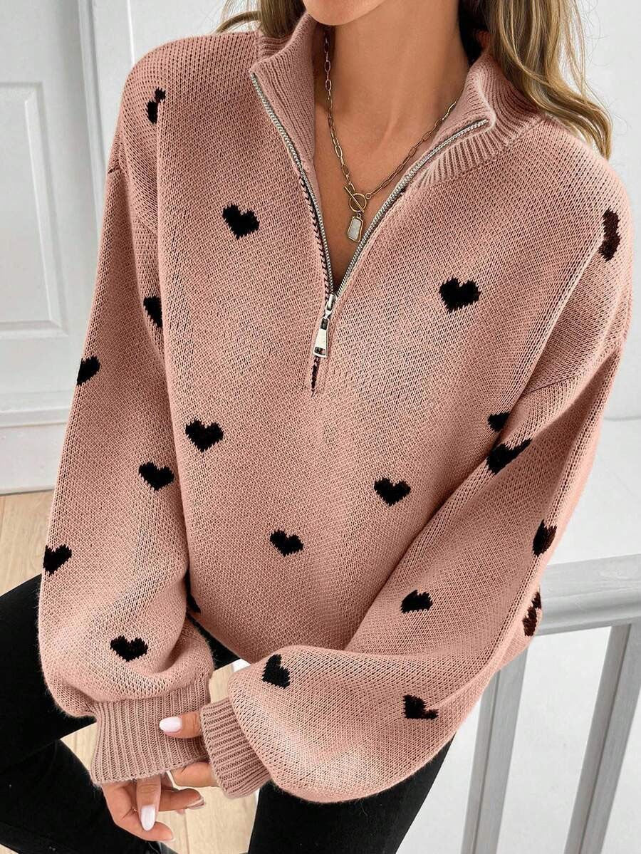 Women's Heart Pattern Knit Zip Sweater-Splashis, Red Bean