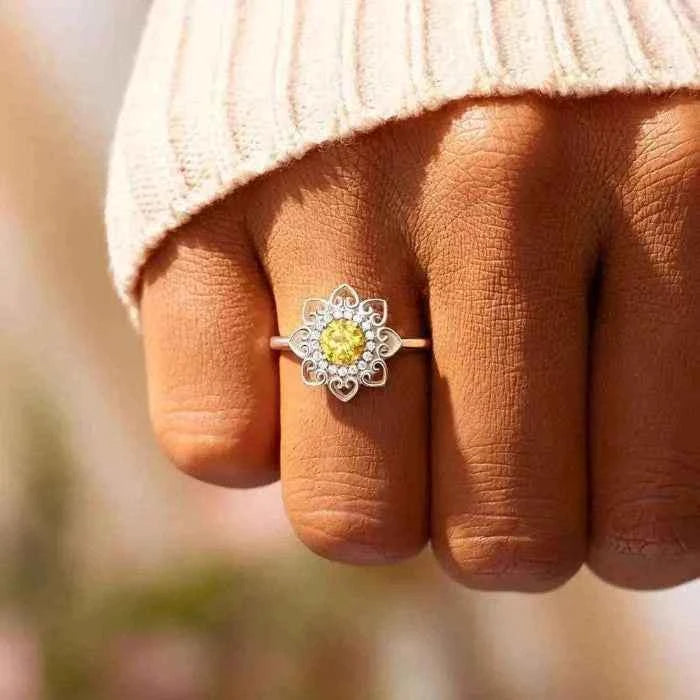 Zircon flower ring in silver-plated alloy — primary view