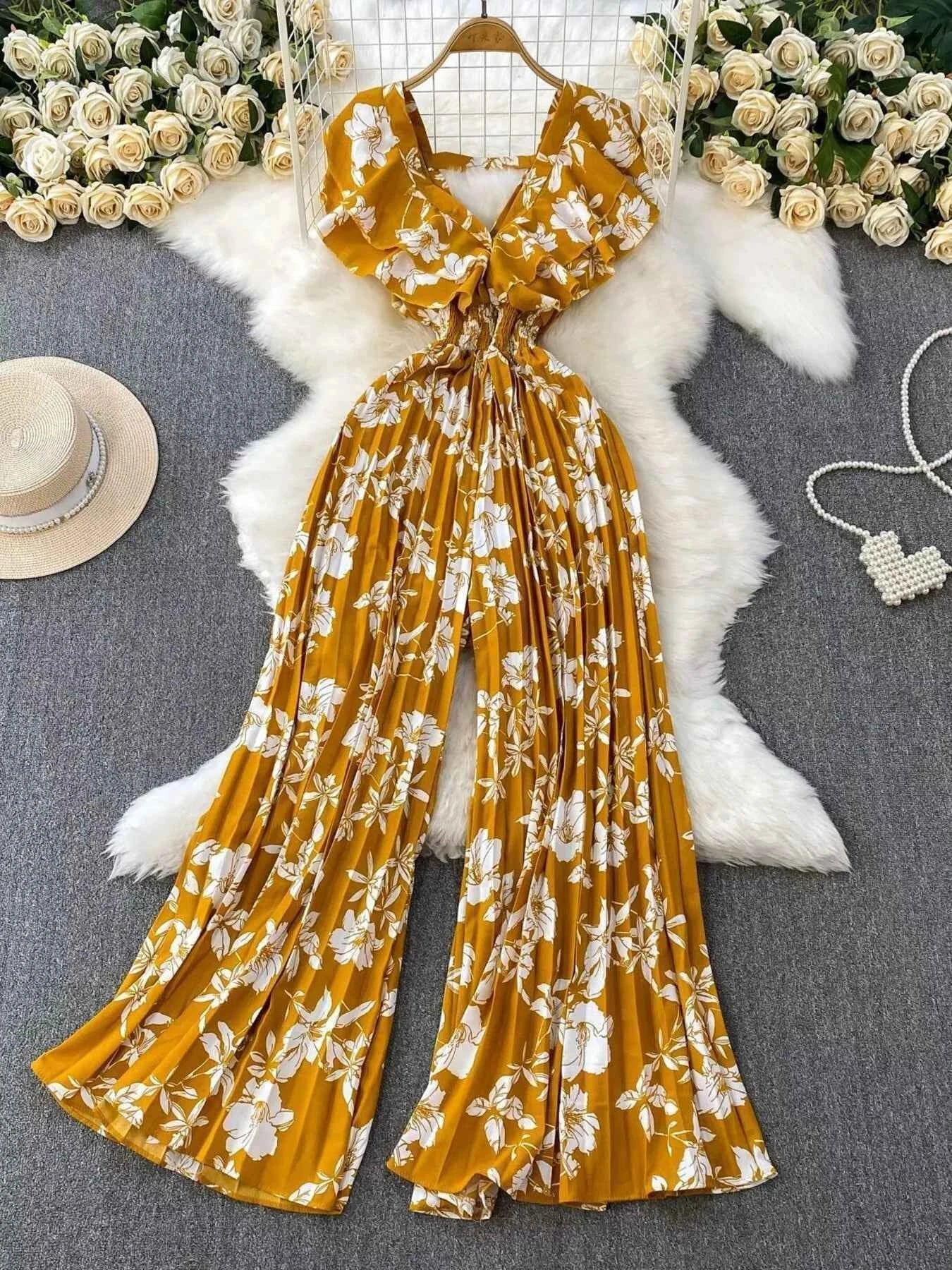 Cotton Spandex Floral Print Jumpsuit-Jumpsuit-Splashis-Color:Yellow-Size:One Size-Splashis