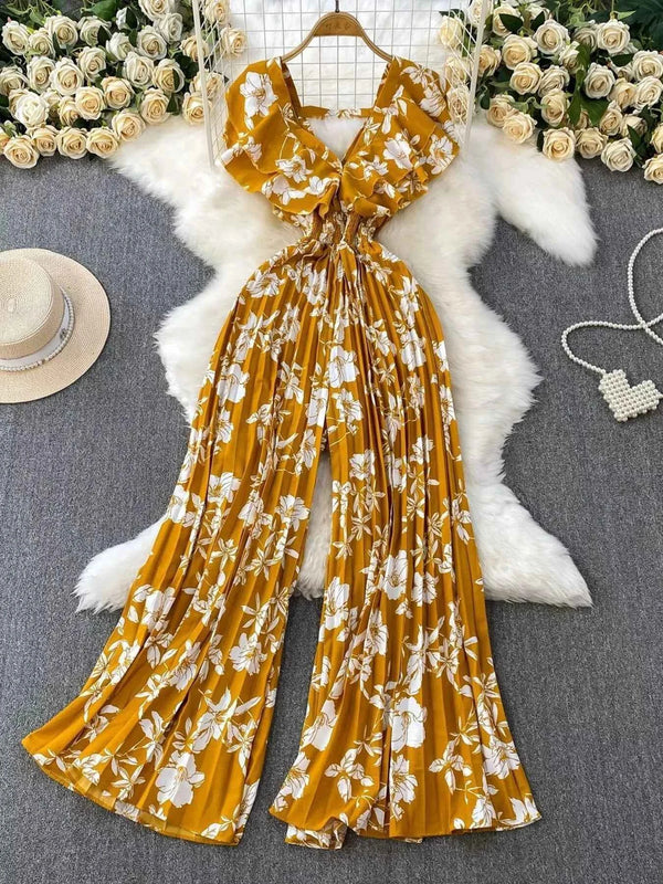 Cotton Spandex Floral Print Jumpsuit-Jumpsuit-Splashis-Color:Yellow-Size:One Size-Splashis