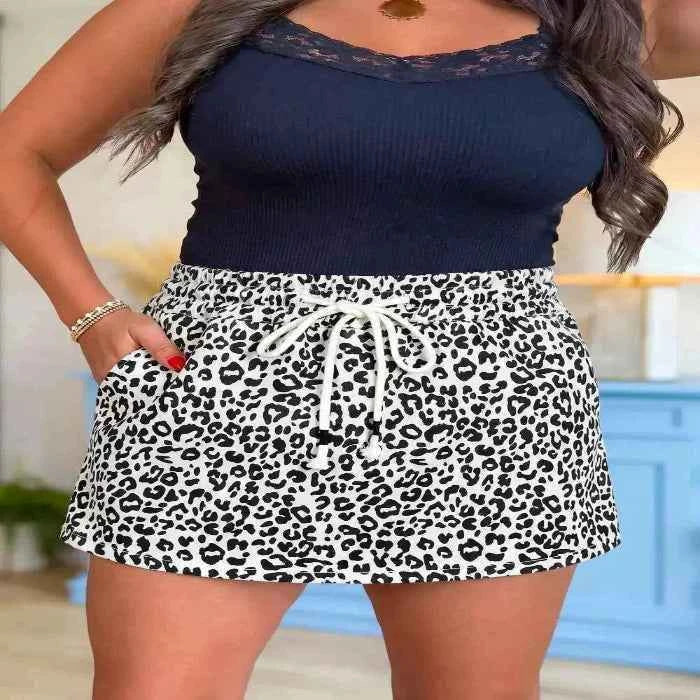 Leopard print denim skort with tassel drawstring — primary view