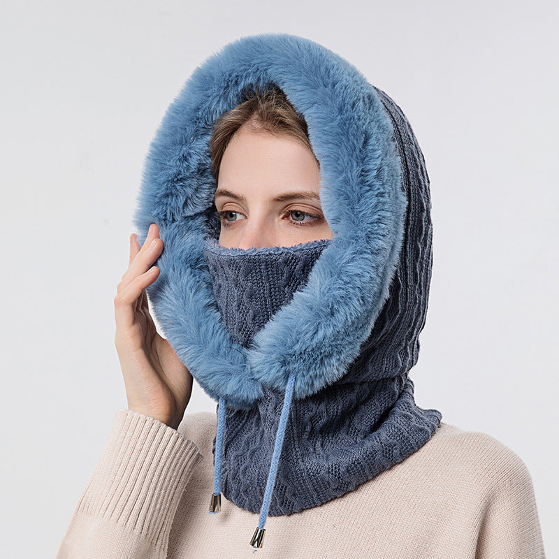 Navy Blue plush hooded hat with scarf for women