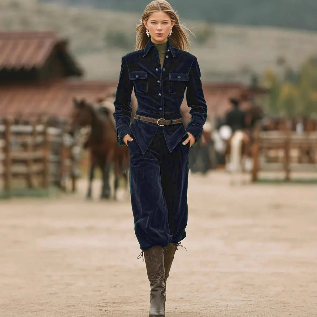 Dark blue women's corduroy belted jacket and pants set