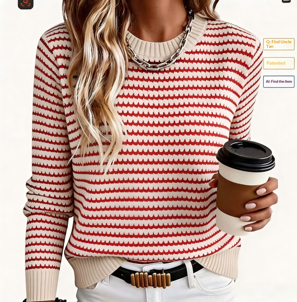 Striped Puff-Sleeve Round Neck Sweater – view 10