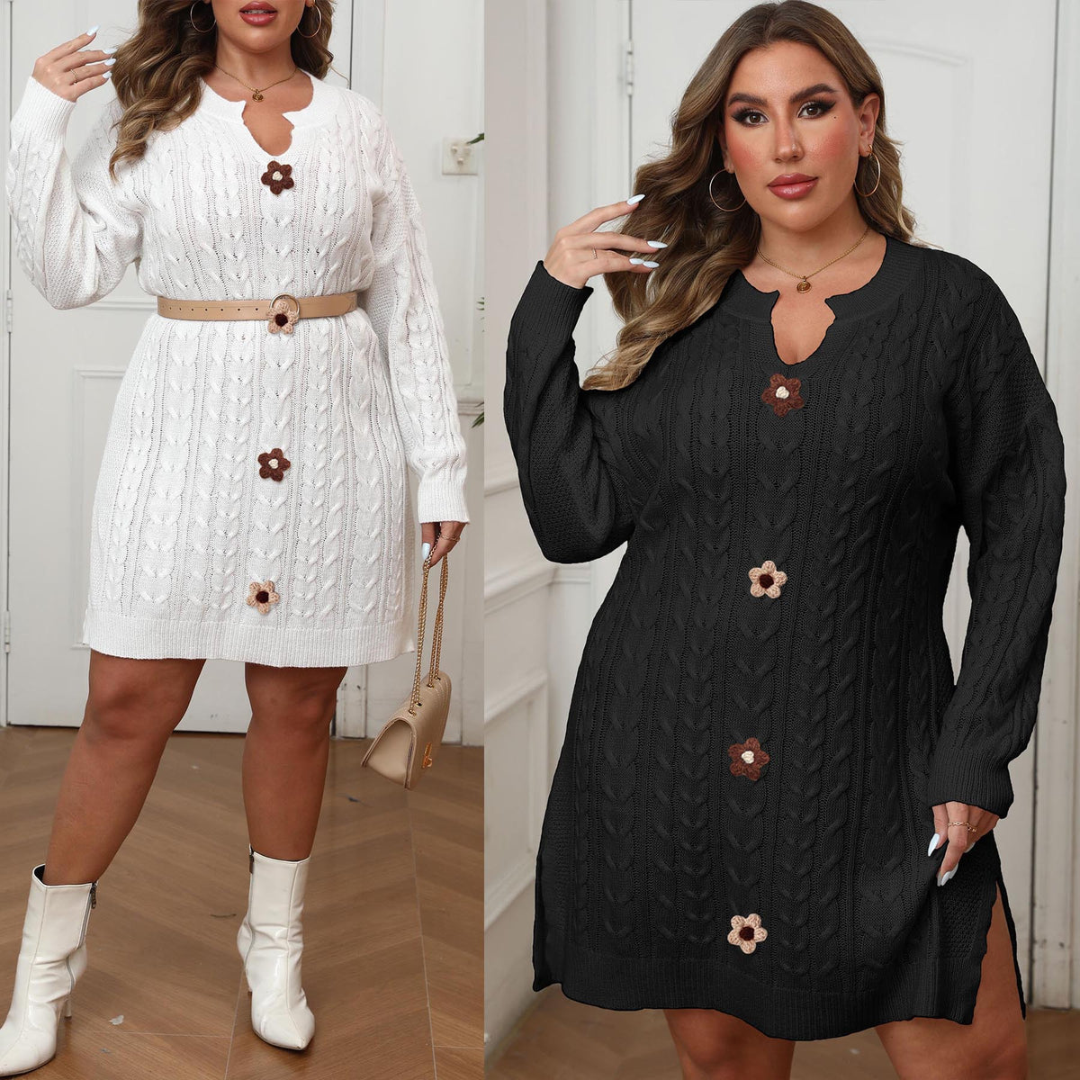 Women's V-Neck Cable-Knit A-Line Dress product image