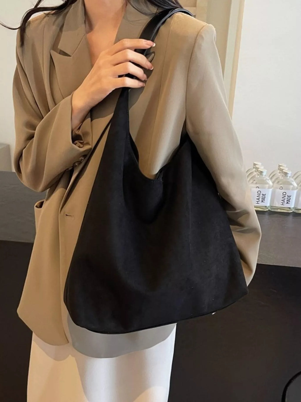 Solid color suede tote bag — additional view 3