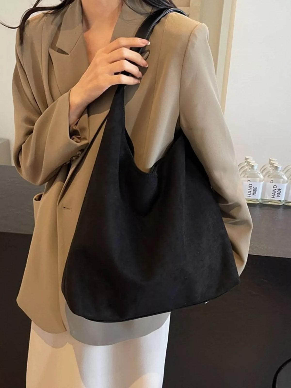 Solid Color Suede Tote Bag, angled product view