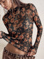 Black floral mesh top - slim fit long sleeve for women