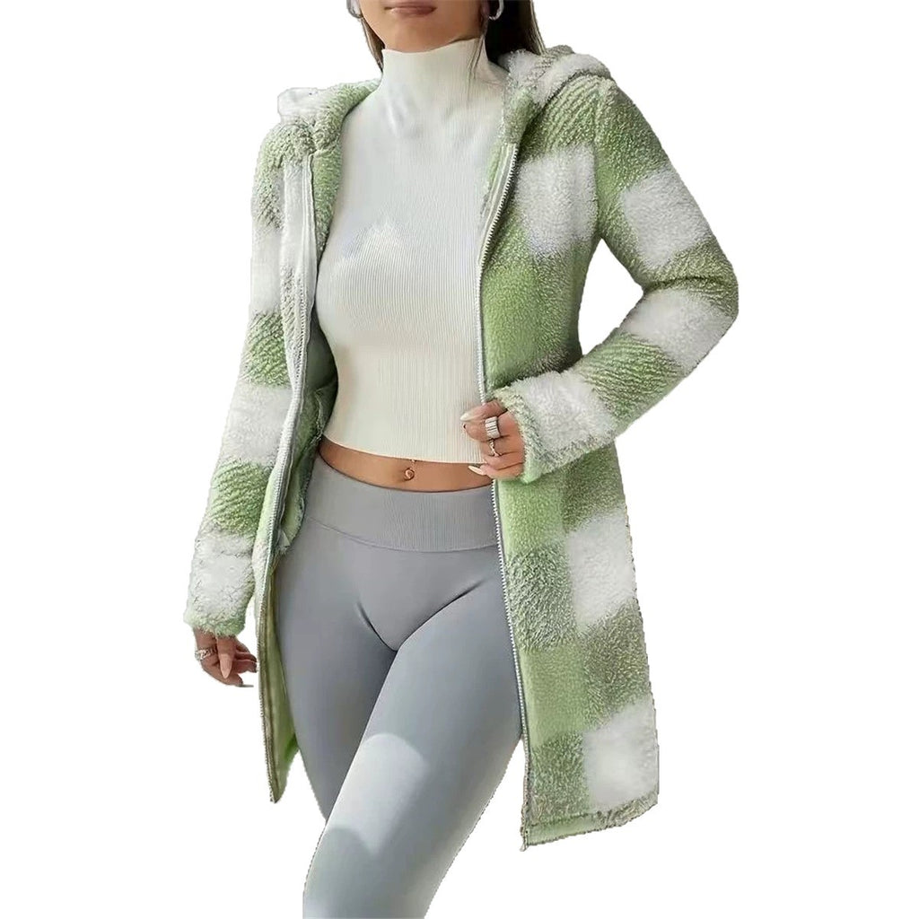 Green and white checked hooded long jacket, worn open by a model