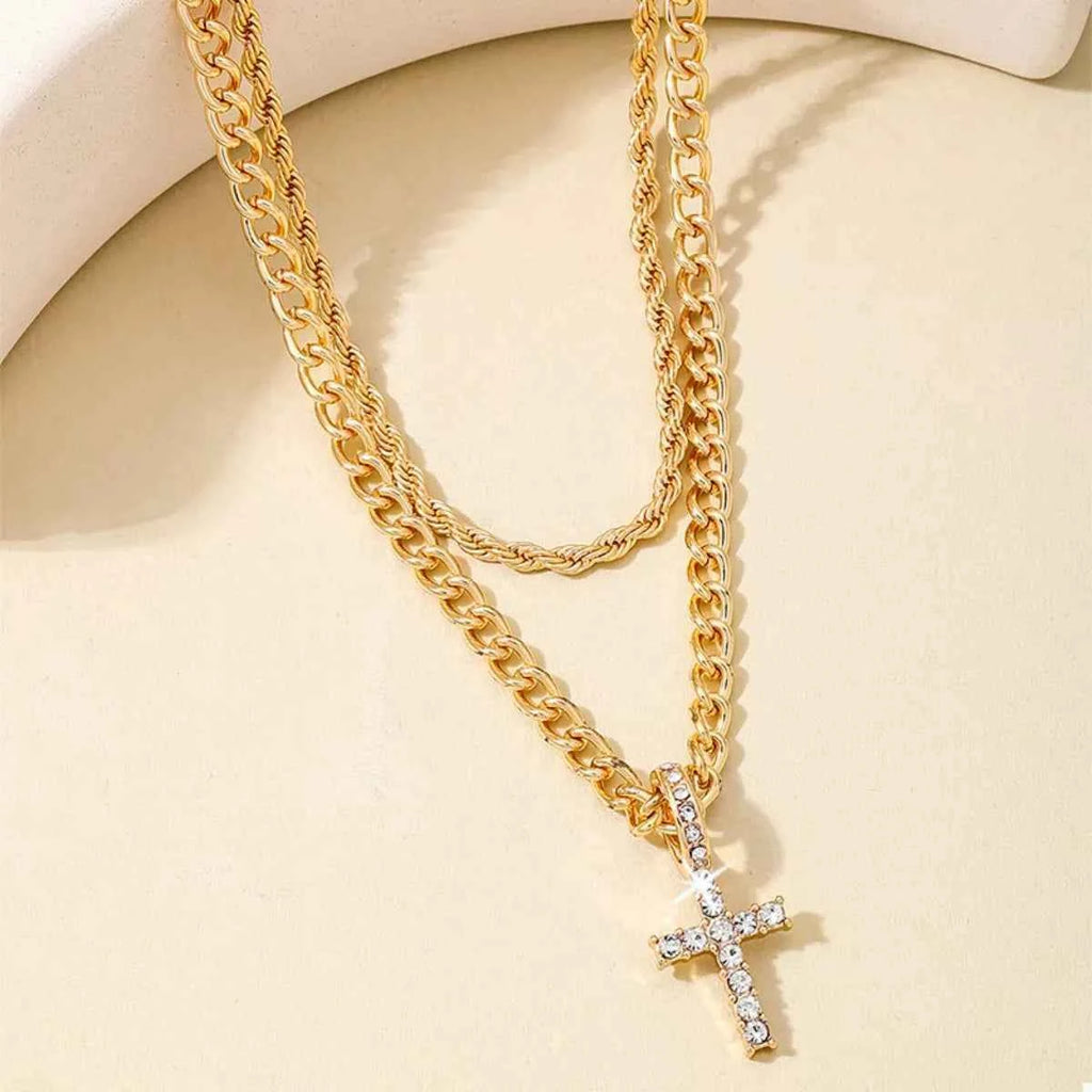Layered gold chain cross pendant necklace — additional view 3