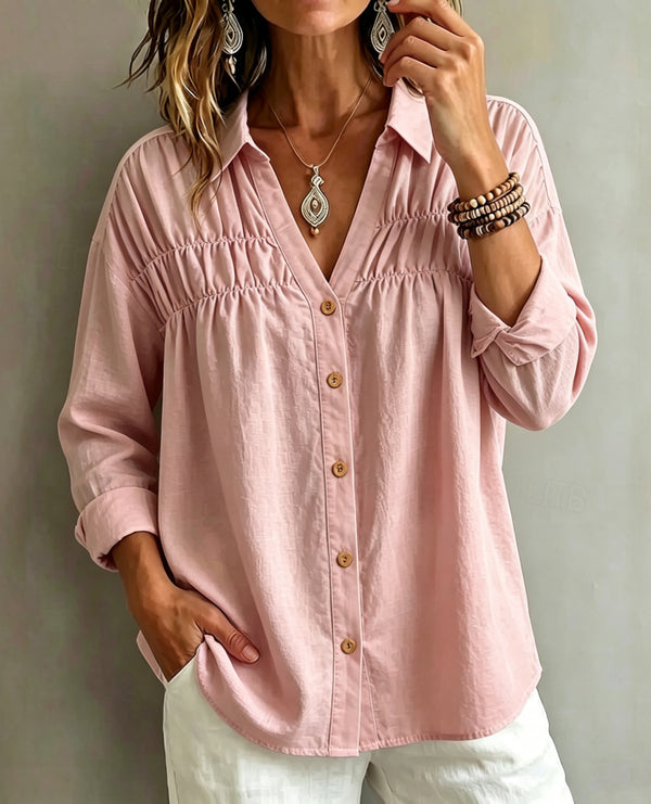 Product detail photo of V Neck Button Long Sleeve Blouse, Women’s Blouse, everyday style