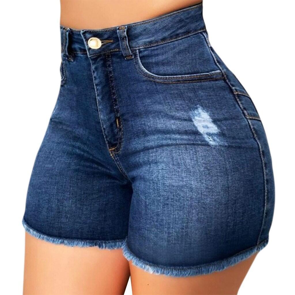 Stretch Slim Fit Ripped Tassel Denim Shorts, angled product view