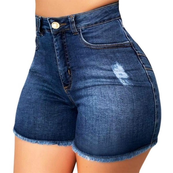 Stretch Slim Fit Ripped Tassel Denim Shorts, angled product view
