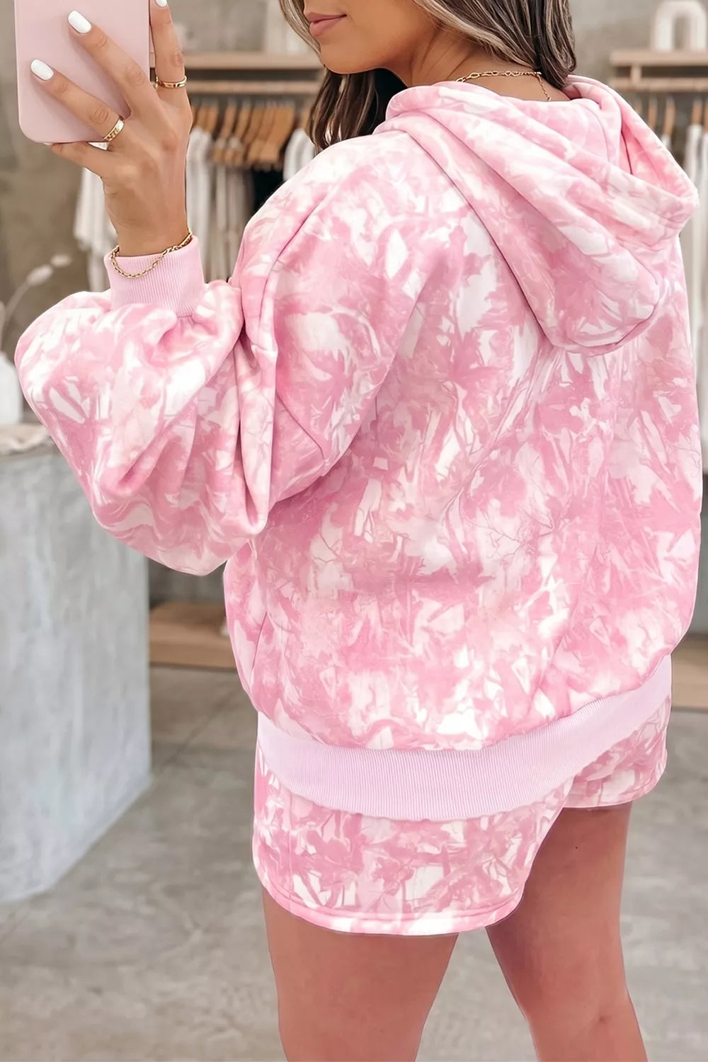 Abstract Print Loose Hoodie Slim Shorts 2pcs Set Immagine secondaria del prodotto