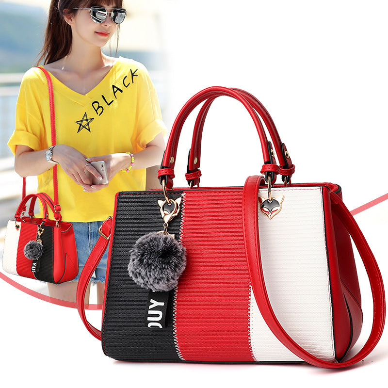 Patchwork Pompom Tote Bag - PU Leather Party Purse for Women, angled product view