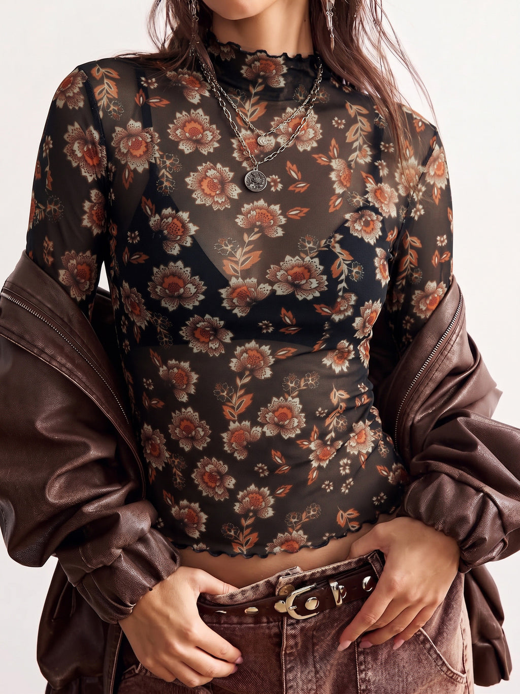 Floral mesh top - slim fit long sleeve for women, image 7