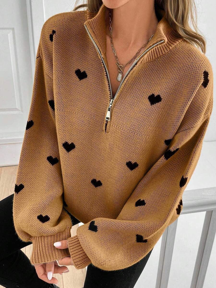 Women's Heart Pattern Knit Zip Sweater-Splashis, Caramel