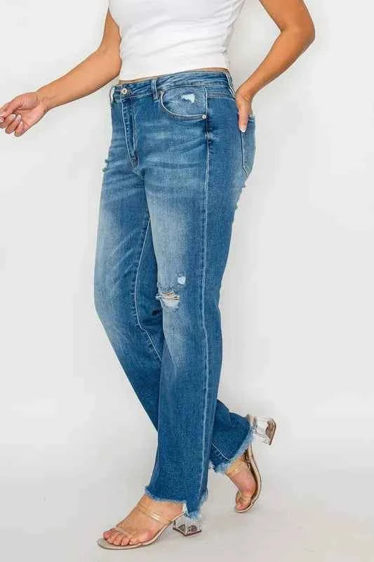 Raw hem distressed mid-rise straight jeans — additional view 10