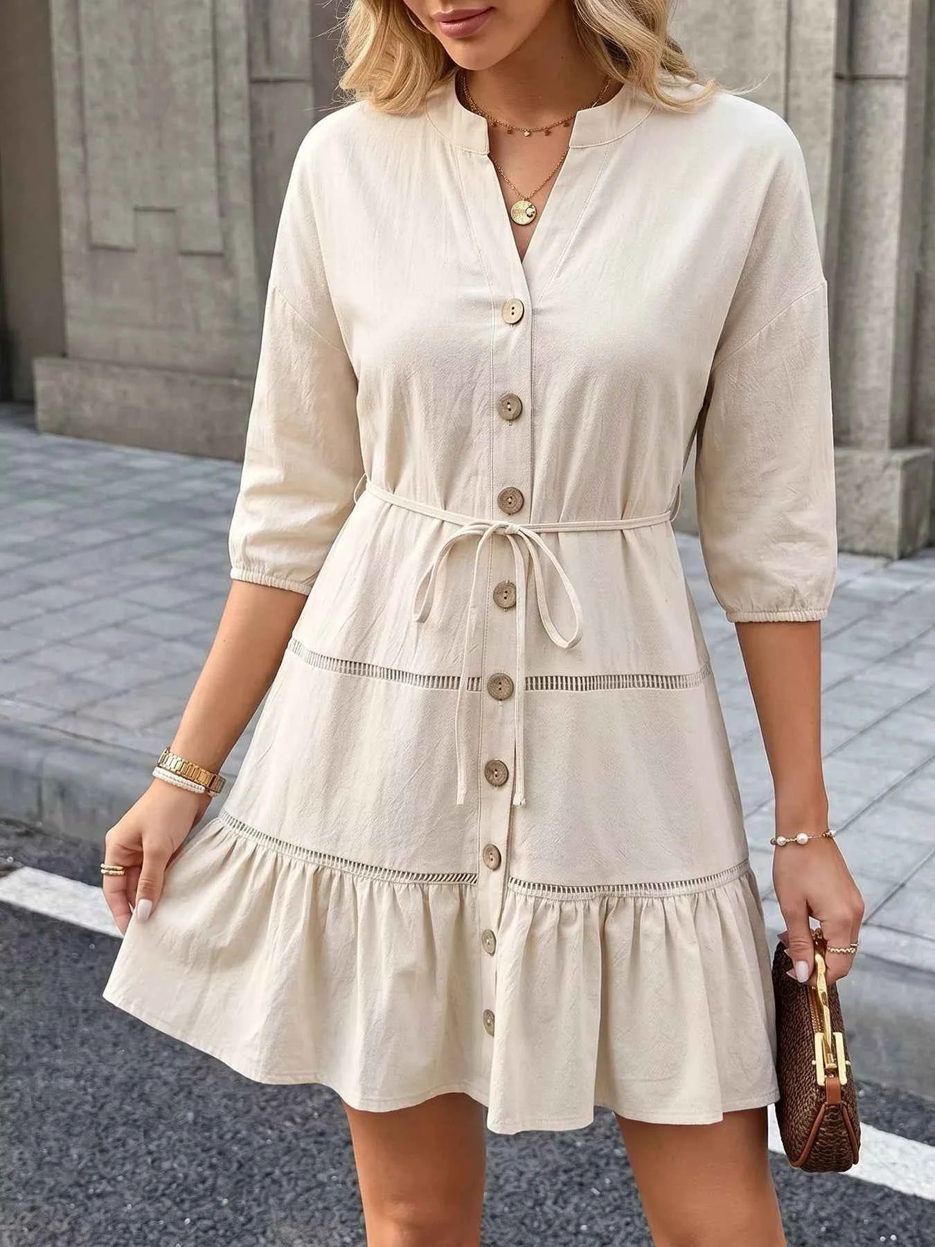 Button-front ruffle hem mini dress — additional view 2