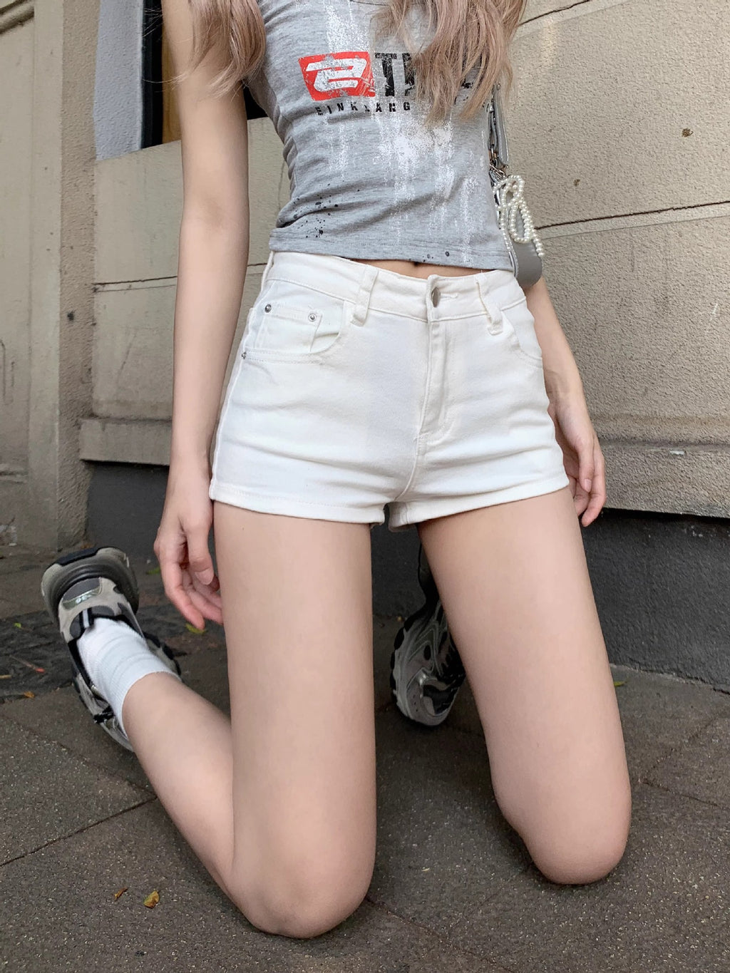 Women's Stretch White Denim Shorts for Summer, angled product view
