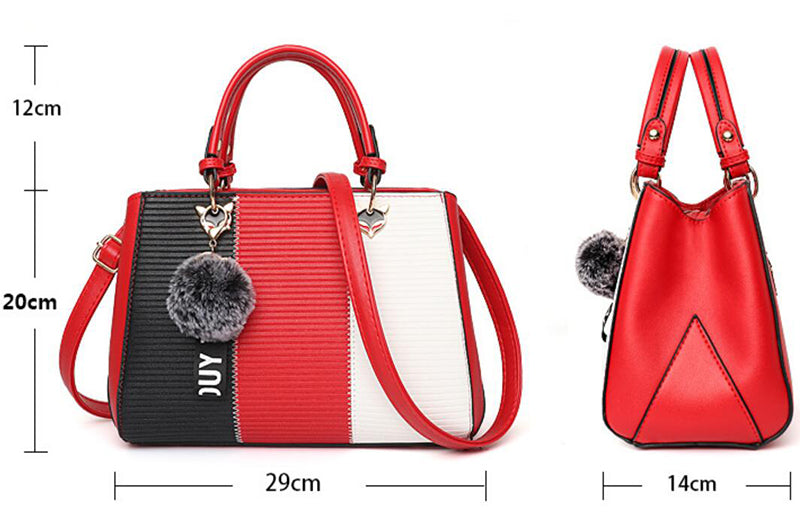 Patchwork Pompom Tote Bag - PU Leather Party Purse for Women, side product view
