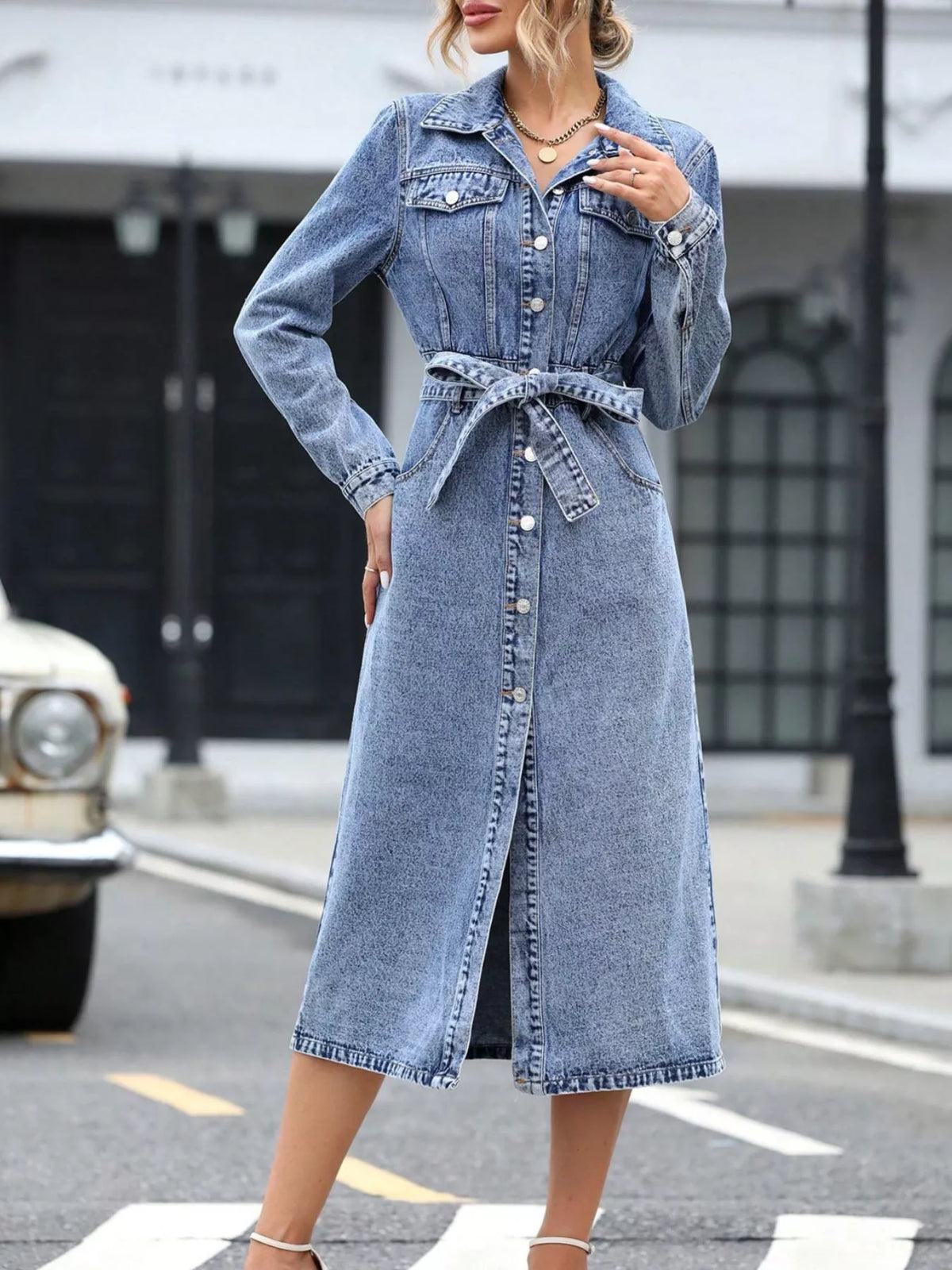 Belted Long Sleeve Denim Dress, product view 9