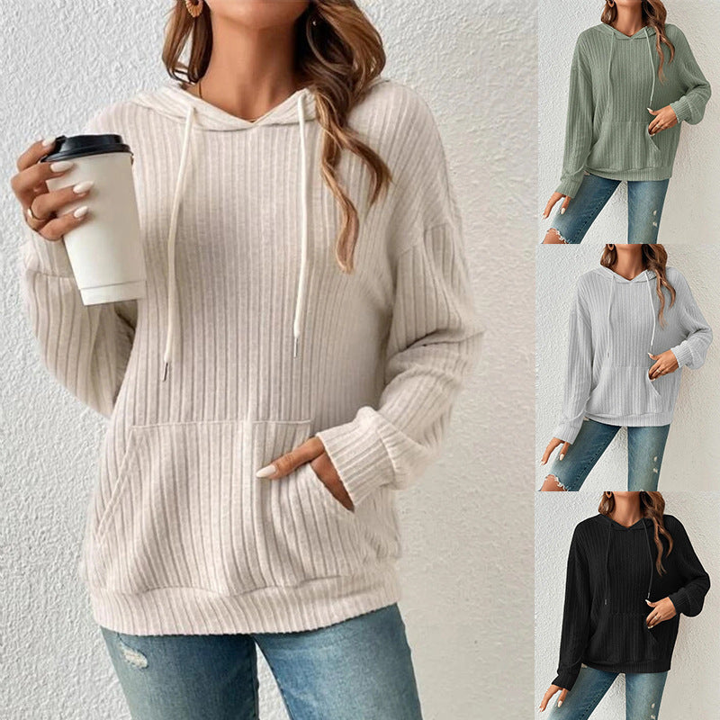 Women's Ribbed Kangaroo Pocket Hoodie – Loose Fit, 4 Colours product image