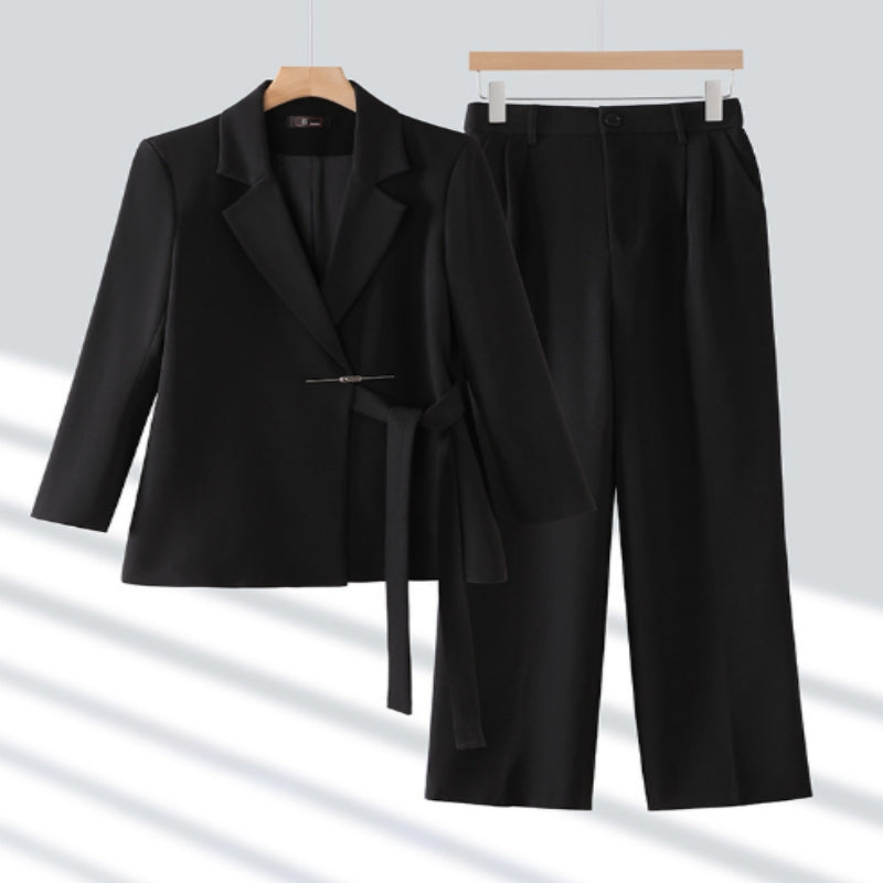 Women's Suit Collar Blazer & Wide-Leg Pants Two-Piece Set, close-up product view
