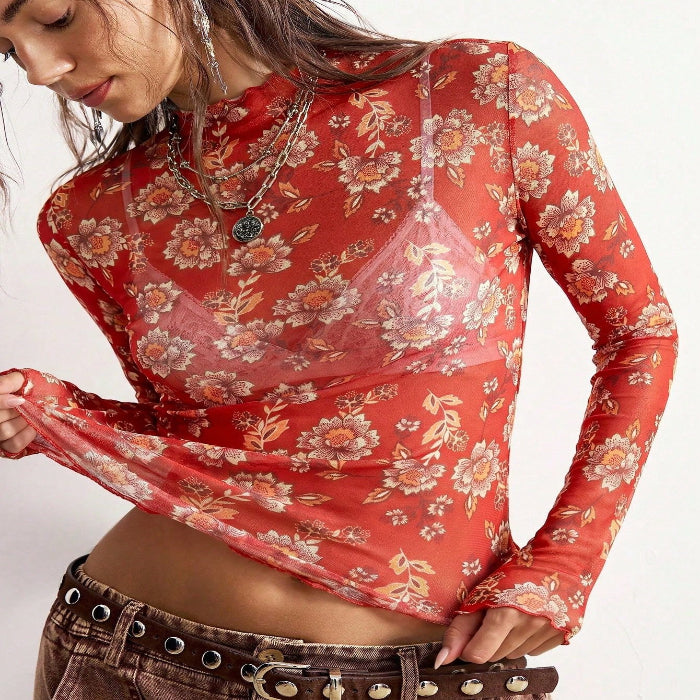 Women's Floral Mesh Top - Slim Fit Long Sleeve product image