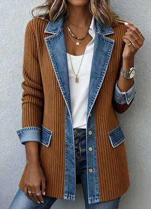 Women's brown textured jacket with blue denim-look lapels and front trim