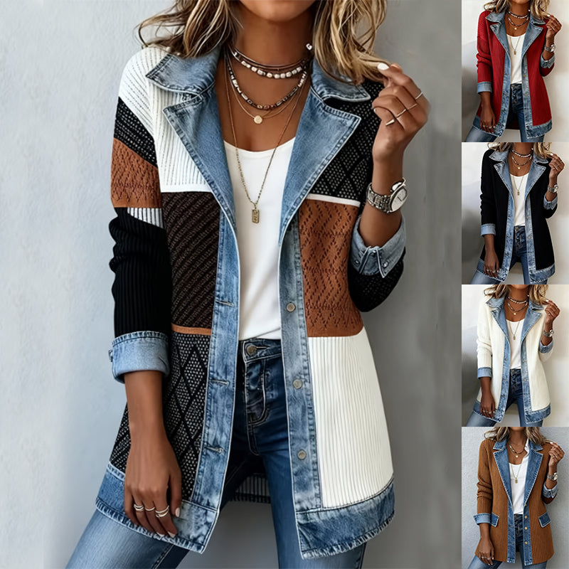 Patchwork jacket with denim-look trim alongside brown, red, black and cream options