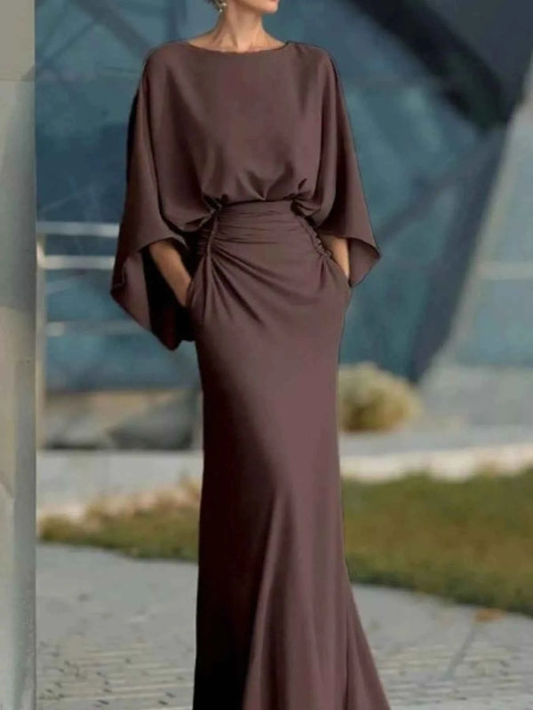 Batwing Sleeve Ruched Maxi Dress-Maxi Dress.-Splashis-Color:Brown-Size:2XL-Splashis