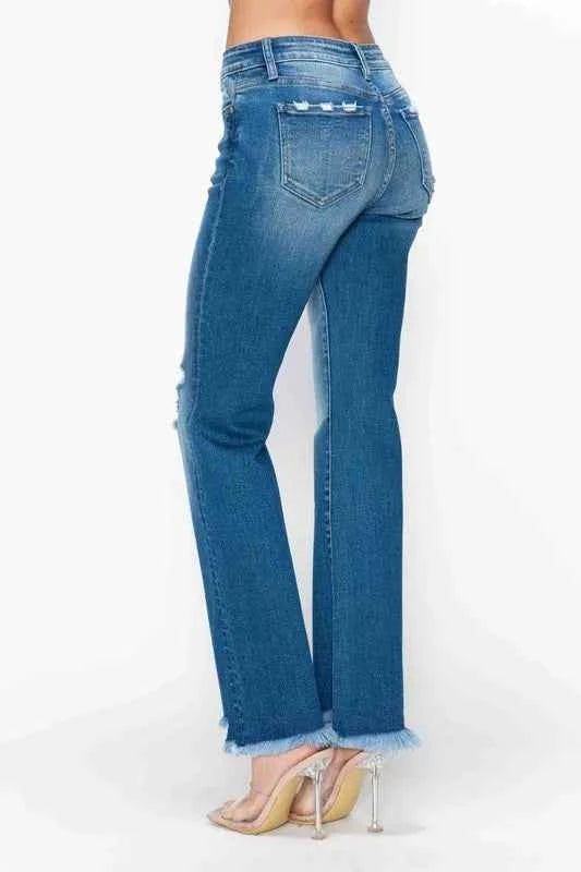 Raw hem distressed mid-rise straight jeans — additional view 7