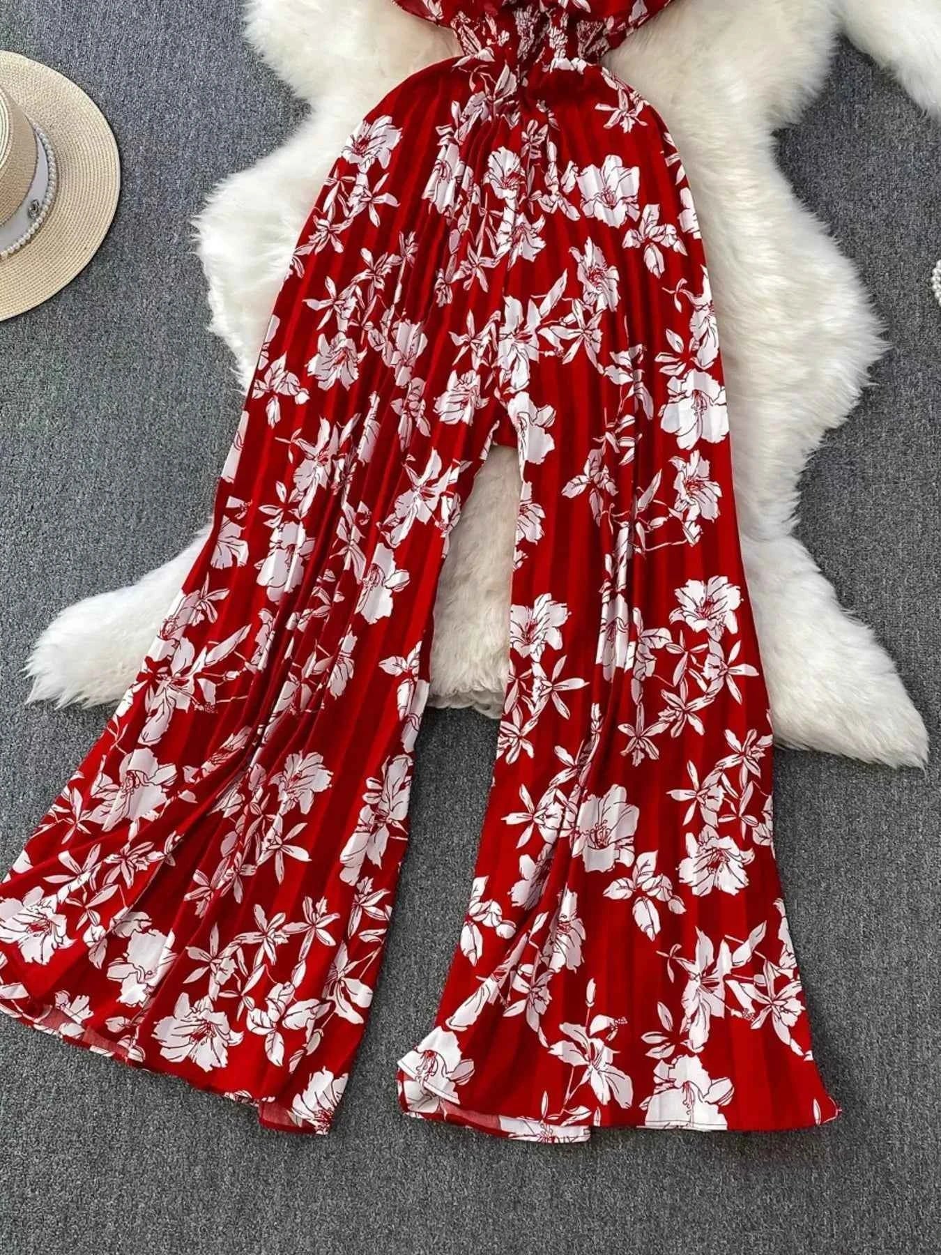 Floral print wide leg pleated jumpsuit — additional view 7